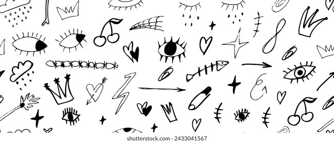 Hand drawn abstract scribble doodle. Abstract arrows, ribbons, crowns, hearts, eyes and other elements in hand drawn style for concept design. Doodle illustration. Vector template for decoration