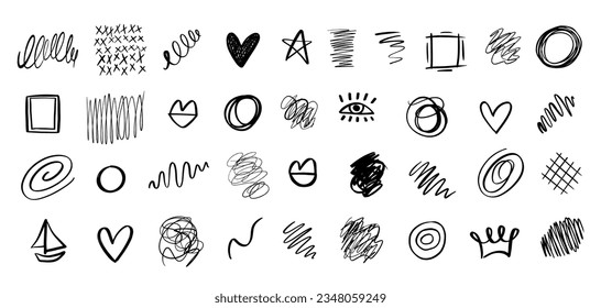 Hand drawn abstract scribble doodles design elements collection. Fun cute shapes set of stars, lips, brush strokes, circles, swirls, crowns, hearts isolated on white