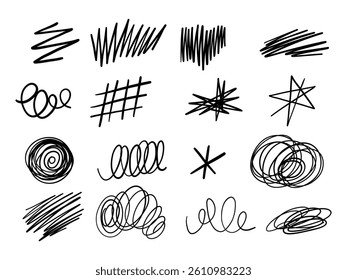 Hand Drawn Abstract Scribble Element. A collection of 16 expressive hand drawn scribbles featuring loops zigzags spirals hatches and sketch lines perfect for textured backgrounds and dynamic design
