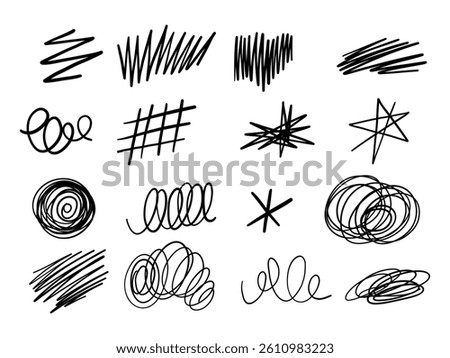 Hand Drawn Abstract Scribble Element. A collection of 16 expressive hand drawn scribbles featuring loops zigzags spirals hatches and sketch lines perfect for textured backgrounds and dynamic design