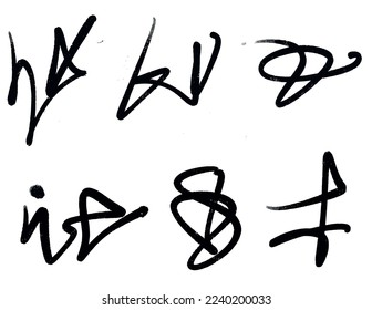 Hand drawn abstract scribbles and doodle symbols in black ink on white background. Expressive sketch lines useful as graphic design elements and creative textures.