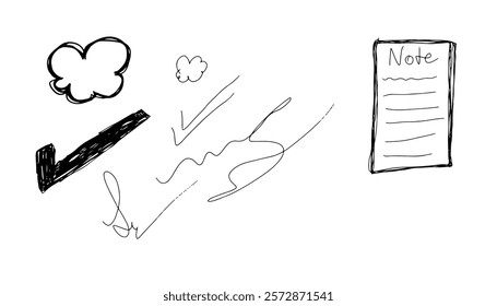 Hand drawn abstract scribbles. pencil drawn icons. kids pencil drawing. pencil drawn icons. notepad, arrows, cloud, doodle vector illustration