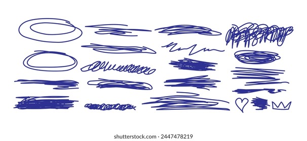 Hand drawn abstract scribbles and squiggles. Vector illustration for your design. Scribbles and sketches, marker line set. Ink shapes, scrawl textured elements. Scrawls, crown, underlines, heart.