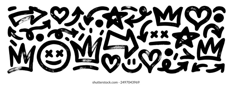 Hand drawn abstract scribbles and squiggles, graffiti style doodle elements like smiles, crowns, arrows and hearts. Bold brush drawn elements. Punk grunge style symbols for collages and templates.