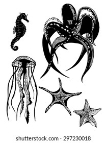 Hand Drawn Abstract Sea Animals Vector Illustration