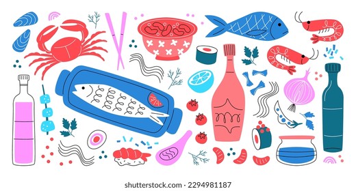 Hand drawn abstract seafood illustrations. Ingredient for asian food preparations. Sushi, soup and rolls with fish and shrimps, roasted crab. Color design elements