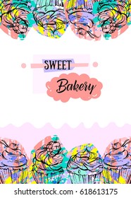 Hand drawn abstract seamless artistic abstract creative colorful cupcakes and berries card template isolated on white background.Sweet food decoration for fabric,wrapping,label,design,logo,birthday