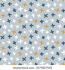 Hand drawn abstract seamless background. Hand drawn crosses for companions fabric prints. Universal doodle texture is suitable for wallpaper, backdrop, cover, modern product design. Easy to recolor.
