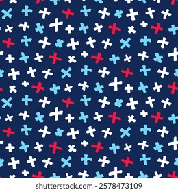 Hand drawn abstract seamless background. Hand drawn crosses for companions fabric prints. Universal doodle texture is suitable for wallpaper, backdrop, cover, modern product design. Blue background.