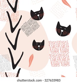 Hand drawn abstract seamless background pattern with cute cats