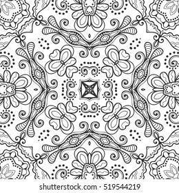 Hand drawn abstract seamless floral pattern. Adult coloring book page, textile and tattoo design. Vector sketch background illustration. Zendoodle black and white pattern with endless texture 