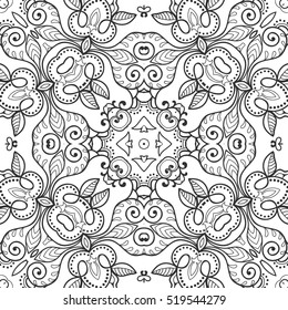 Hand drawn abstract seamless floral pattern. Adult coloring book page, textile and tattoo design. Vector sketch background illustration. Zendoodle black and white pattern with endless texture 