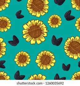 hand drawn abstract seamless pattern of sunflowers flowers and seeds