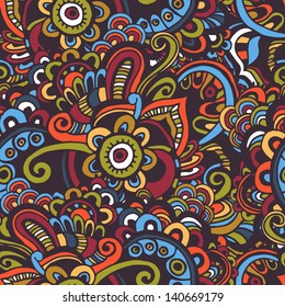 Hand drawn abstract seamless pattern in Indian style. Endless motley oriental background