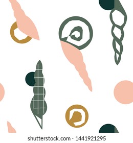 Hand drawn abstract seamless pattern with corals and shells. Modern summer background. 