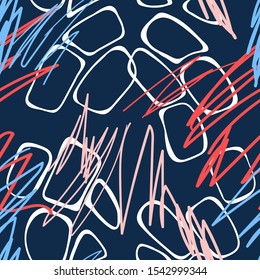 Hand drawn abstract seamless pattern. Flat lines and elements. Plain geometric shapes background. 