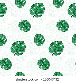 Hand drawn abstract seamless pattern with green monstera leaves. Exotic tropical leaves isolated on a white background. Cute template for cards, fabric, wrapping paper. Vector illustration.