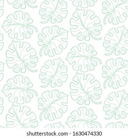 Hand drawn abstract seamless pattern with green monstera leaves. Exotic tropical leaves isolated on a white background. Template for card, fabric, wrapping paper. Vector illustration in pastel colors.