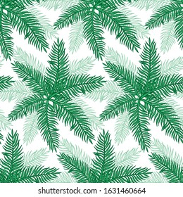Hand drawn abstract seamless pattern with green palm branch. Exotic tropical leaves isolated on a white background. Cute template for cards, fabric, wrapping paper. Vector illustration.