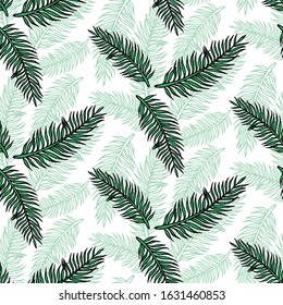 Hand drawn abstract seamless pattern with green palm branch. Exotic tropical leaves isolated on a white background. Cute template for cards, fabric, wrapping paper. Vector illustration.