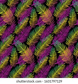 Hand drawn abstract seamless pattern with bright palm branch. Exotic tropical leaves isolated on a black background. Cute template for cards, fabric, wrapping paper. Vector illustration.