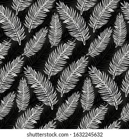 Hand drawn abstract seamless pattern with palm branch. Exotic tropical leaves isolated on a black background. Cute template for cards, fabric, wrapping paper. Vector illustration.