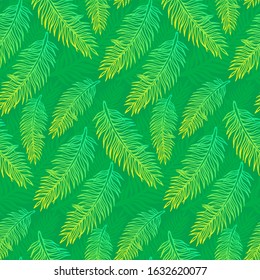 Hand drawn abstract seamless pattern with green palm branch. Exotic tropical leaves isolated on a green background. Cute template for cards, fabric, wrapping paper. Vector illustration.