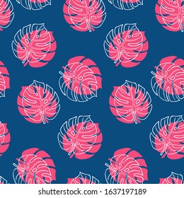 Hand drawn abstract seamless pattern with pink and white monstera leaves. Exotic tropical leaves isolated on a blue background. Cute template for cards, fabric, wrapping paper. Vector illustration.