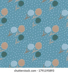 Hand drawn abstract seamless pattern with floral dandelion silhouettes. Blue background with dots. Endless backdrop. Great for wrapping paper, textile, fabric print and wallpaper. Vector illustration.