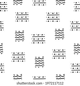 Hand drawn abstract seamless pattern with geometrical shapes, lines, dots. Black forms on white background. Vector illustration.