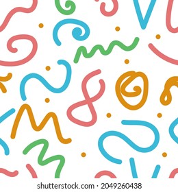 Hand drawn abstract seamless pattern in Memphis style. Vector doodle background with sketch shapes.