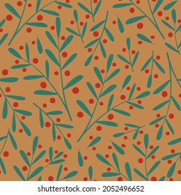 Handgezeichnet abstraktes, nahtloses Muster mit roten Winterbeeren und grünen Blättern auf braunem Hintergrund. Doodle-Illustration von Rowan. Weihnachtsverpackung, Tapete, Textilien, Hintergrund