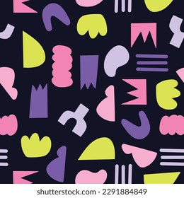 Hand drawn abstract seamless pattern. Various organic forms. Geometric elements. Stylish modern print on a dark background. Brutal shapes.