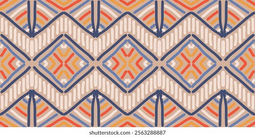 Hand drawn abstract seamless pattern. Geometric doodle illustration, Line art wallpaper. Tribal ethnic vector texture. Aztec style. Folk embroidery. Indian print, Scandinavian, African rug, tile.