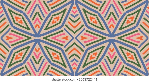 Hand drawn abstract seamless pattern. Geometric doodle illustration, Line art wallpaper. Tribal ethnic vector texture. Aztec style. Folk embroidery. Indian print, Scandinavian, African rug, tile.