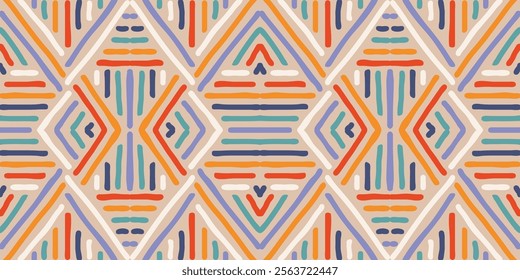 Hand drawn abstract seamless pattern. Geometric doodle illustration, Line art wallpaper. Tribal ethnic vector texture. Aztec style. Folk embroidery. Indian print, Scandinavian, African rug, tile.