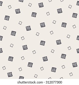 Hand Drawn Abstract Seamless Pattern with decorative randomized squares. Modern monochrome sketched geometric background. Contemporary festive graphic design.