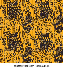 Hand drawn Abstract seamless pattern with ethnic motives. Circles, triangles, spirals, lines, waves, rhombuses, zigzags, squares, spots...