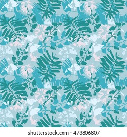 Hand drawn abstract seamless pattern with ink leafs prints