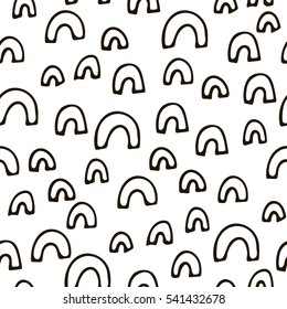Hand drawn abstract seamless pattern with black linear cute arches. Funny background in Memphis style. Retro backdrop for wrapping paper, textile, fabric, web, card. Vector illustration.