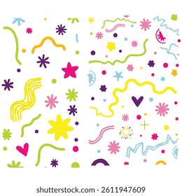 Hand drawn abstract seamless pattern.Colorful childish seamless pattern with stars and comets drawn by a crayon. Starry sky seamless pattern with doodles. Childish drawing cosmic illustration with cut