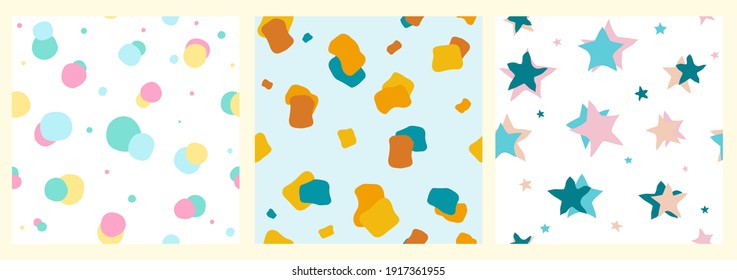 Hand drawn abstract seamless patterns set. Collection of doodle drawings geometric shapes, pastel colors. Circles, stars, spots. Decorations for wrapping paper, baby wallpaper, textiles.