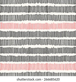 Hand drawn abstract seamless repeat pattern with lines in black and coral pink.