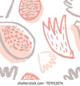 Hand drawn abstract seamless vector pattern. Fruits and brush strokes.