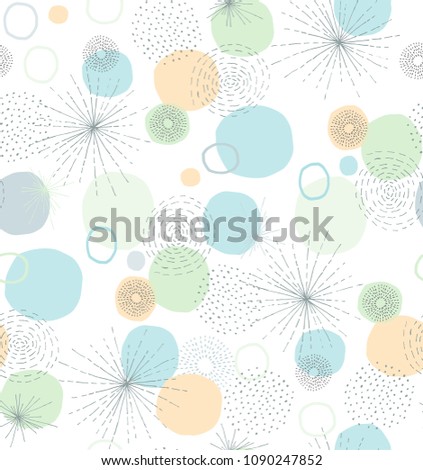 Hand Drawn Abstract Seamless Vector Pattern. Delicate Dots, Circles and Lines isolated on a White Background. Geometric Print with Blue, Green and Yellow Spots and Gray Lines ideal for Fabric,Textile.