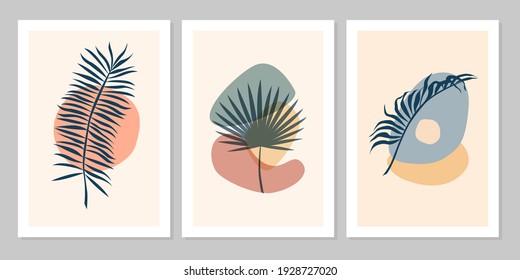 Hand Drawn Abstract Set Boho Tropical Leaf With Color Shape Isolated On Beige Background. Vector Flat Illustration. Design For Pattern, Logo, Posters, Invitation, Greeting Card 