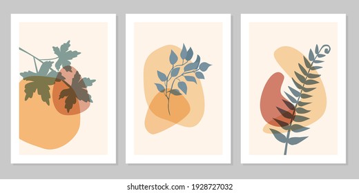Hand drawn abstract set boho leaf with color shape isolated on beige background. Vector flat illustration. Design for pattern, logo, posters, invitation, greeting card 
