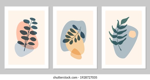 Hand drawn abstract set boho leaf with color shape isolated on beige background. Vector flat illustration. Design for pattern, logo, posters, invitation, greeting card 