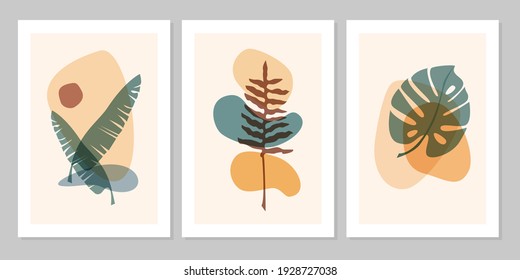 Hand drawn abstract set boho tropical leaf with color shape isolated on beige background. Vector flat illustration. Design for pattern, logo, posters, invitation, greeting card 