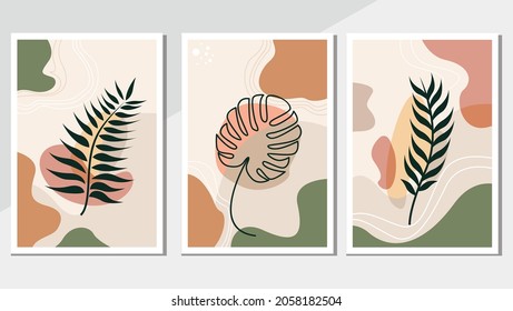 Hand drawn abstract set boho tropical leaf with color shape isolated on beige background. Vector flat illustration. Design for pattern, logo, posters, invitation, greeting card